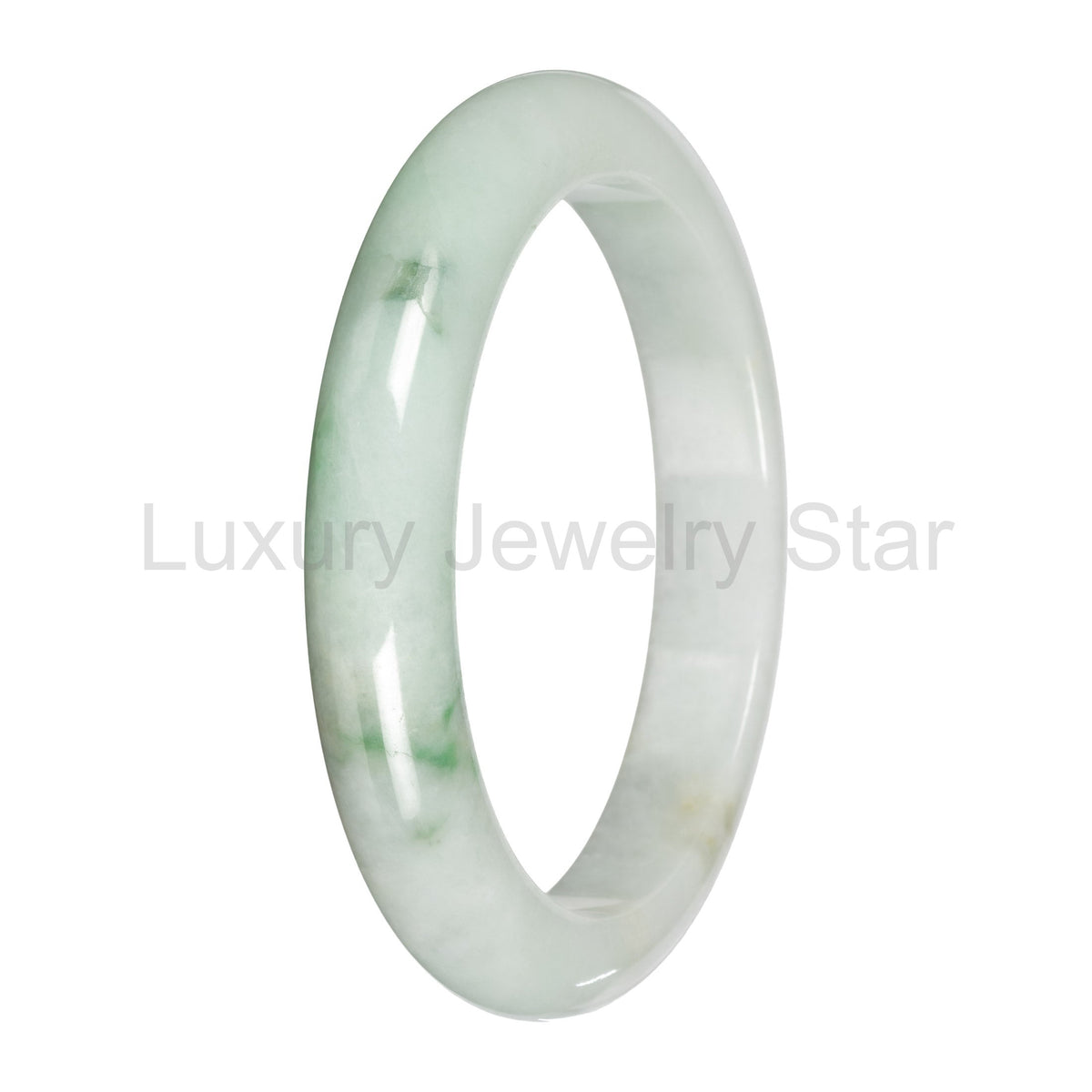 Real White with Light Green Pattern Burmese Jade Bangle - 59mm Half Moon - image 5