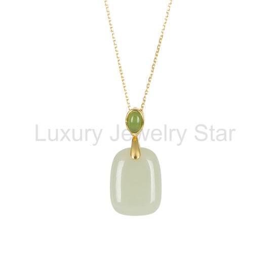 Rectangular Jade Pendant Necklace in Gold Plated Silver Setting