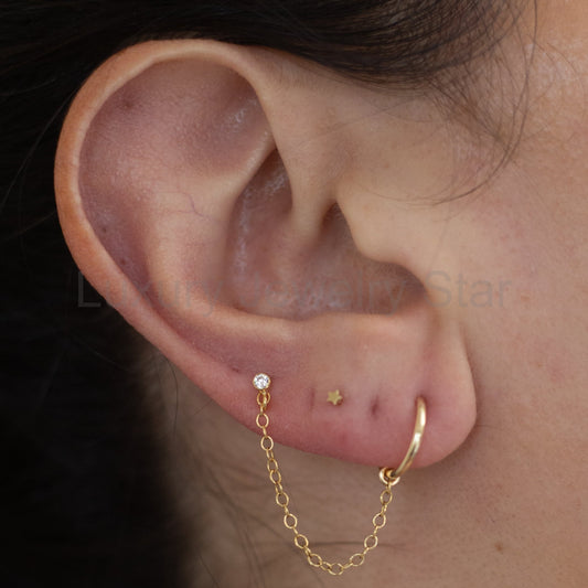 Cubic Zirconia Gemstone Stud and Chain With Hoop Earring in Gold Fill / SINGLE EARRING / READY TO