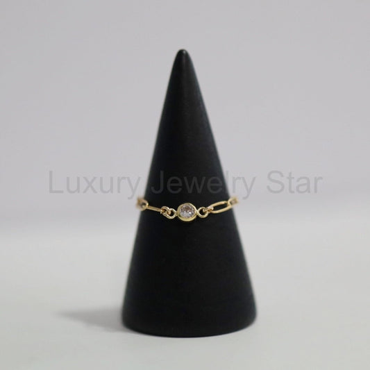 Gold Fill Dainty Paperclip Chain Ring with CZ Gemstone