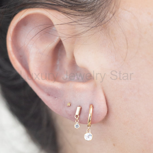 Hoop Earring in 14 karat Yellow Gold with White Topaz Gemstone Drop / SINGLE EARRING - image 2