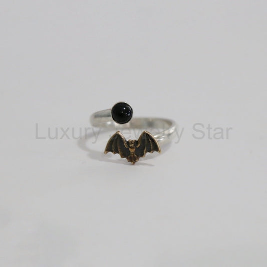 Open Bat and Onyx Gemstone Ring in Oxidized Brass and Sterling Silver / READY TO SHIP size 5.5