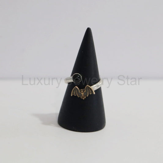 Open Bat and Onyx Gemstone Ring in Oxidized Brass and Sterling Silver / READY TO SHIP size - image 2