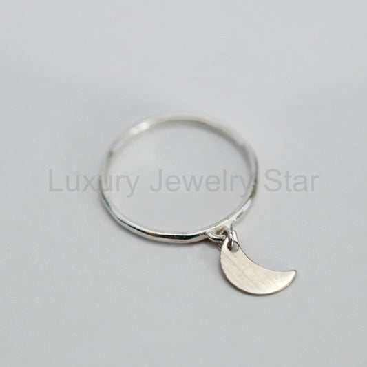 Sterling Silver Moon Charm Ring - Celestial Dangle Stacking Ring