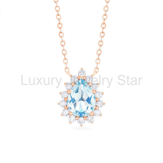 [Camellia] Vintage Bloom Pear Cut Necklace in Aquamarine