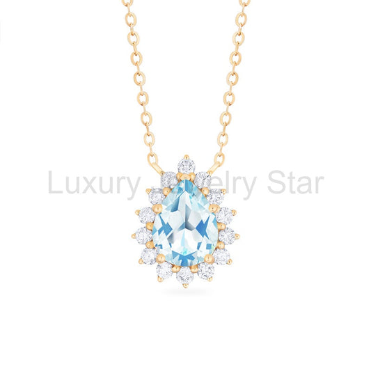 [Camellia] Vintage Bloom Pear Cut Necklace in Aquamarine - image 2