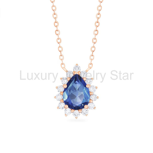 [Camellia] Vintage Bloom Pear Cut Necklace in Lab Blue Sapphire