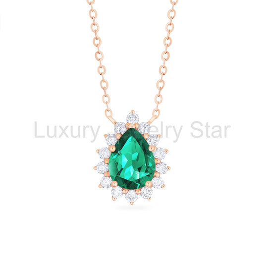 [Camellia] Vintage Bloom Pear Cut Necklace in Lab Emerald