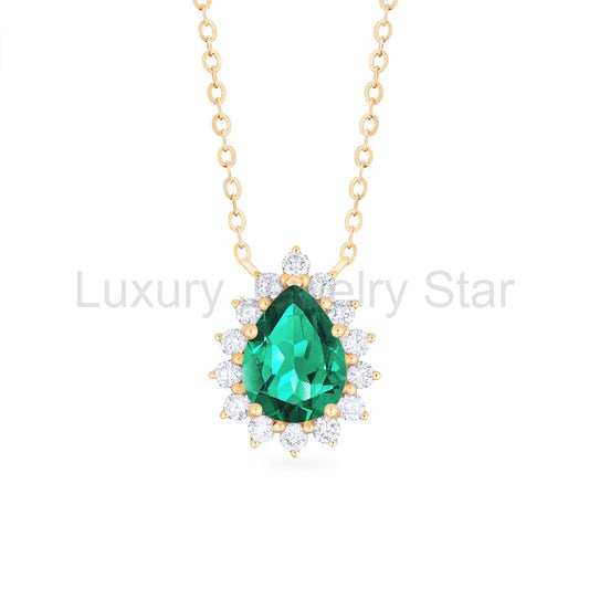[Camellia] Vintage Bloom Pear Cut Necklace in Lab Emerald - image 2