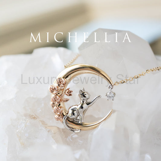 [Elune] Moonlight Cat in Rose Garden Solid Gold Necklace - One of A Kind & Ready-to-Ship