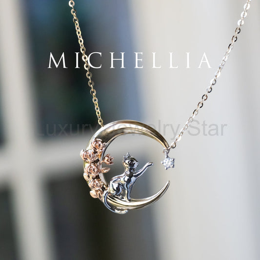 [Elune] Moonlight Cat in Rose Garden Solid Gold Necklace - One of A Kind & Ready-to-Ship - image 2