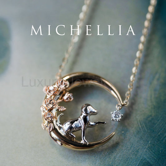 [Elune] Moonlight Pup in Rose Garden Solid Gold Necklace - One of A Kind Gift for Dog Lover &
