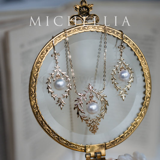 [Gracelynn] Renaissance Garden Necklace & Earring Set in Freshwater Pearl - Limited Edition