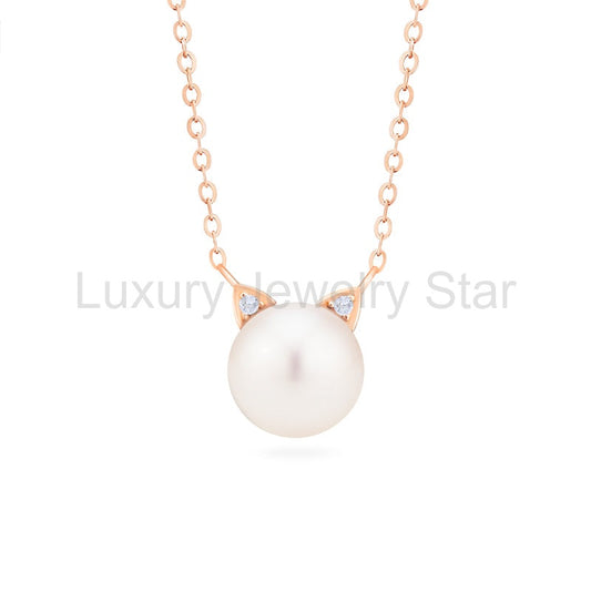 [Snow] White Pearl and Diamond Cat Necklace
