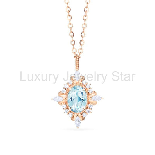 [Alessandra] Art Deco Oval Cut Necklace in Aquamarine