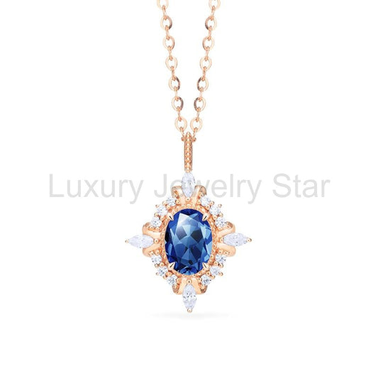[Alessandra] Art Deco Oval Cut Necklace in Lab Blue Sapphire