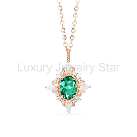 [Alessandra] Art Deco Oval Cut Necklace in Lab Emerald