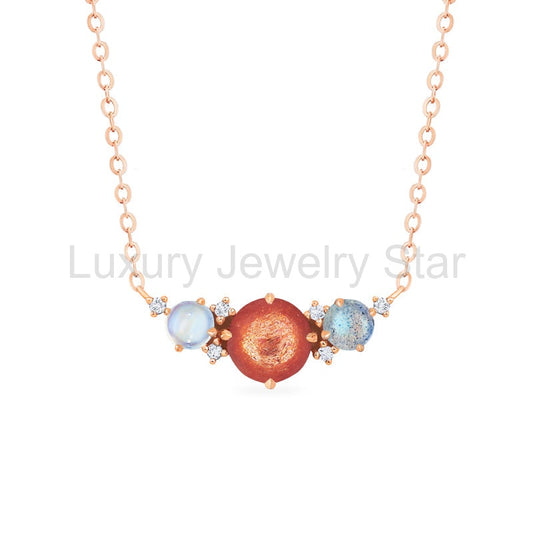 [Celestine] Galaxy Trio Three Stone Necklace in Sunstone, Moonstone, and Labradorite
