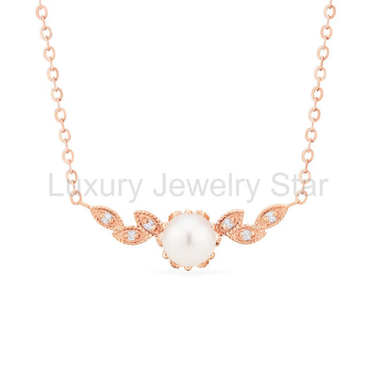 [Dahlia] Floral Leaf Necklace in Akoya Pearl