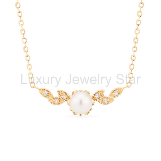 [Dahlia] Floral Leaf Necklace in Akoya Pearl - image 2