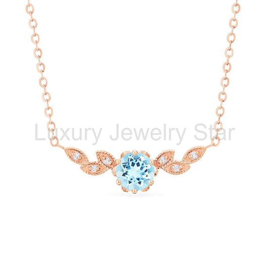 [Dahlia] Floral Leaf Necklace in Aquamarine