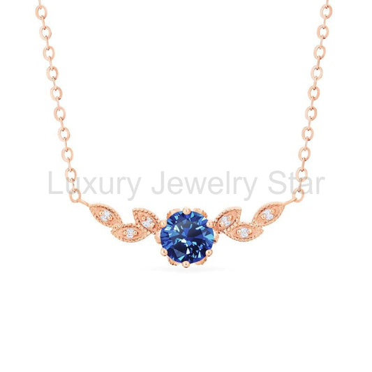[Dahlia] Floral Leaf Necklace in Lab Blue Sapphire