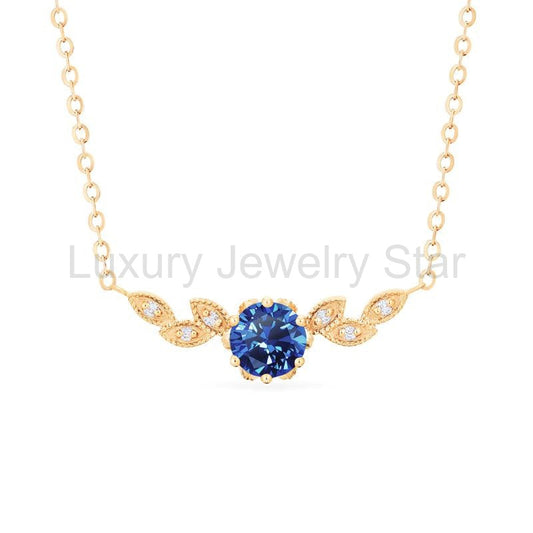 [Dahlia] Floral Leaf Necklace in Lab Blue Sapphire - image 2
