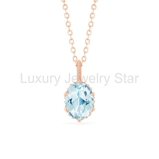 [Evelina] Vintage Classic Crown Oval Cut Necklace in Aquamarine