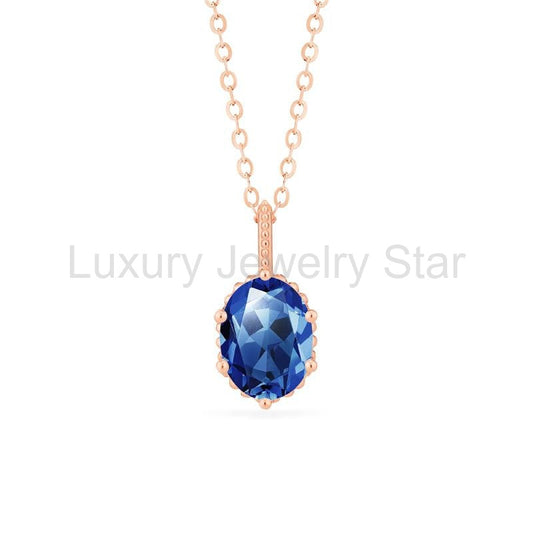 [Evelina] Vintage Classic Crown Oval Cut Necklace in Lab Blue Sapphire