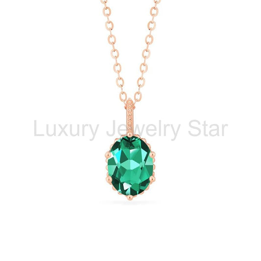 [Evelina] Vintage Classic Crown Oval Cut Necklace in Lab Emerald