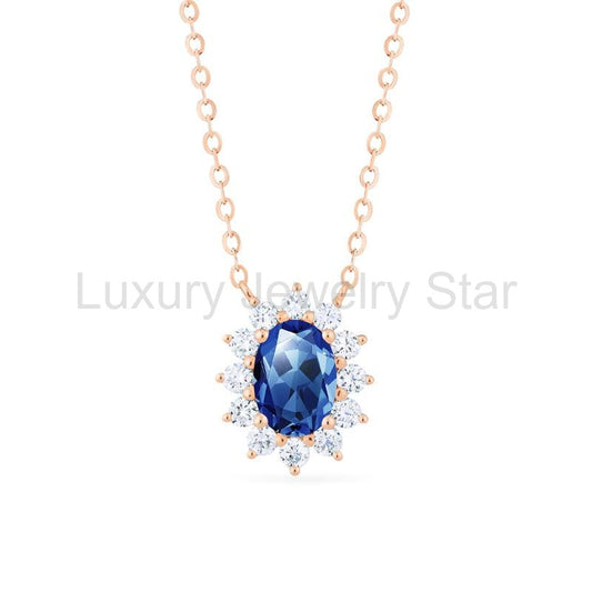 [Julianne] Vintage Bloom Oval Cut Necklace in Lab Blue Sapphire