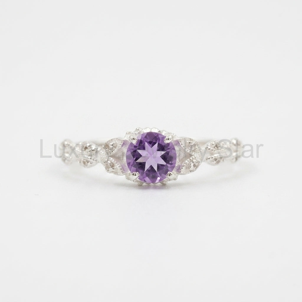 Round Cut Alexandrite 18k White Gold Dainty Engagement Ring
