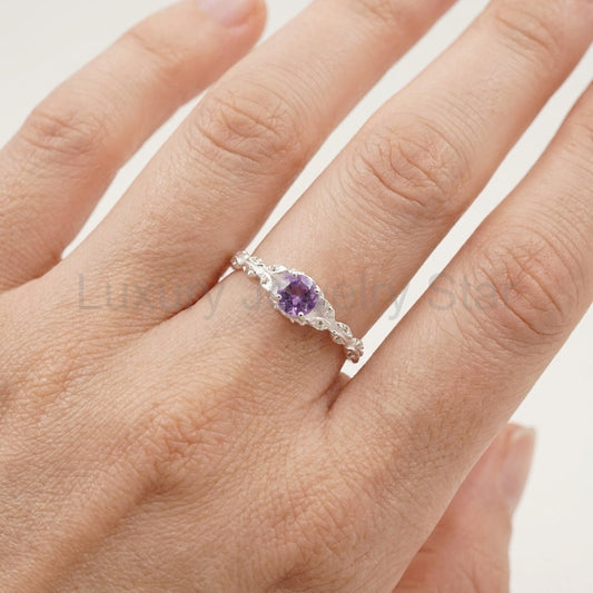 Round Cut Alexandrite 18k White Gold Dainty Engagement Ring - image 2