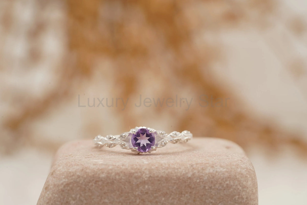 Round Cut Alexandrite 18k White Gold Dainty Engagement Ring - image 4