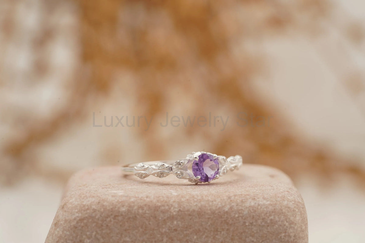 Round Cut Alexandrite 18k White Gold Dainty Engagement Ring - image 6