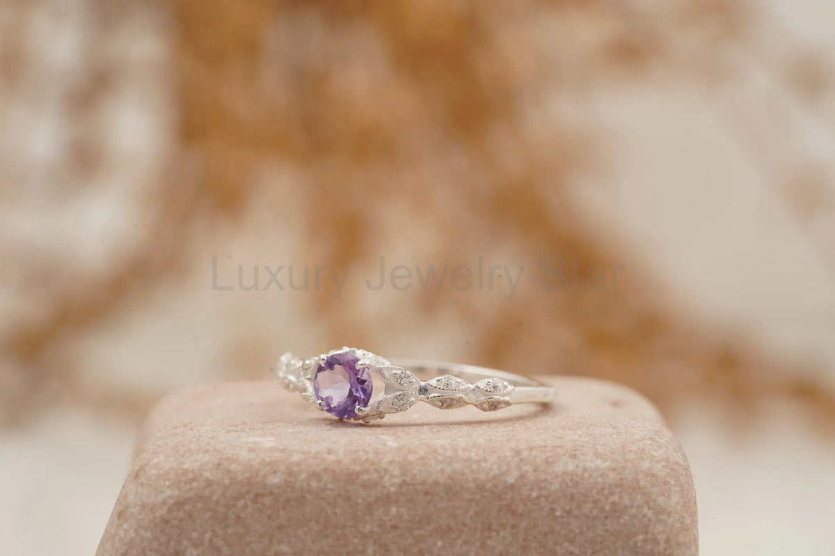 Round Cut Alexandrite 18k White Gold Dainty Engagement Ring - image 7
