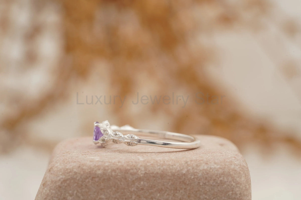 Round Cut Alexandrite 18k White Gold Dainty Engagement Ring - image 8