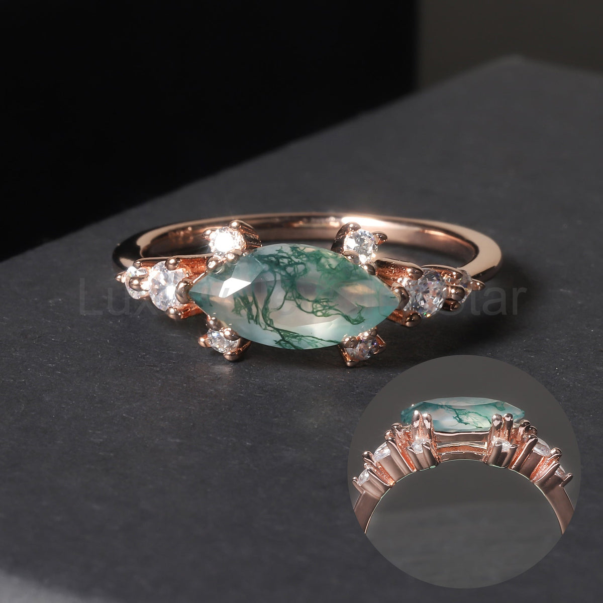 1.5ct Marquise Cut Moss Agate Cluster Vintage Ring