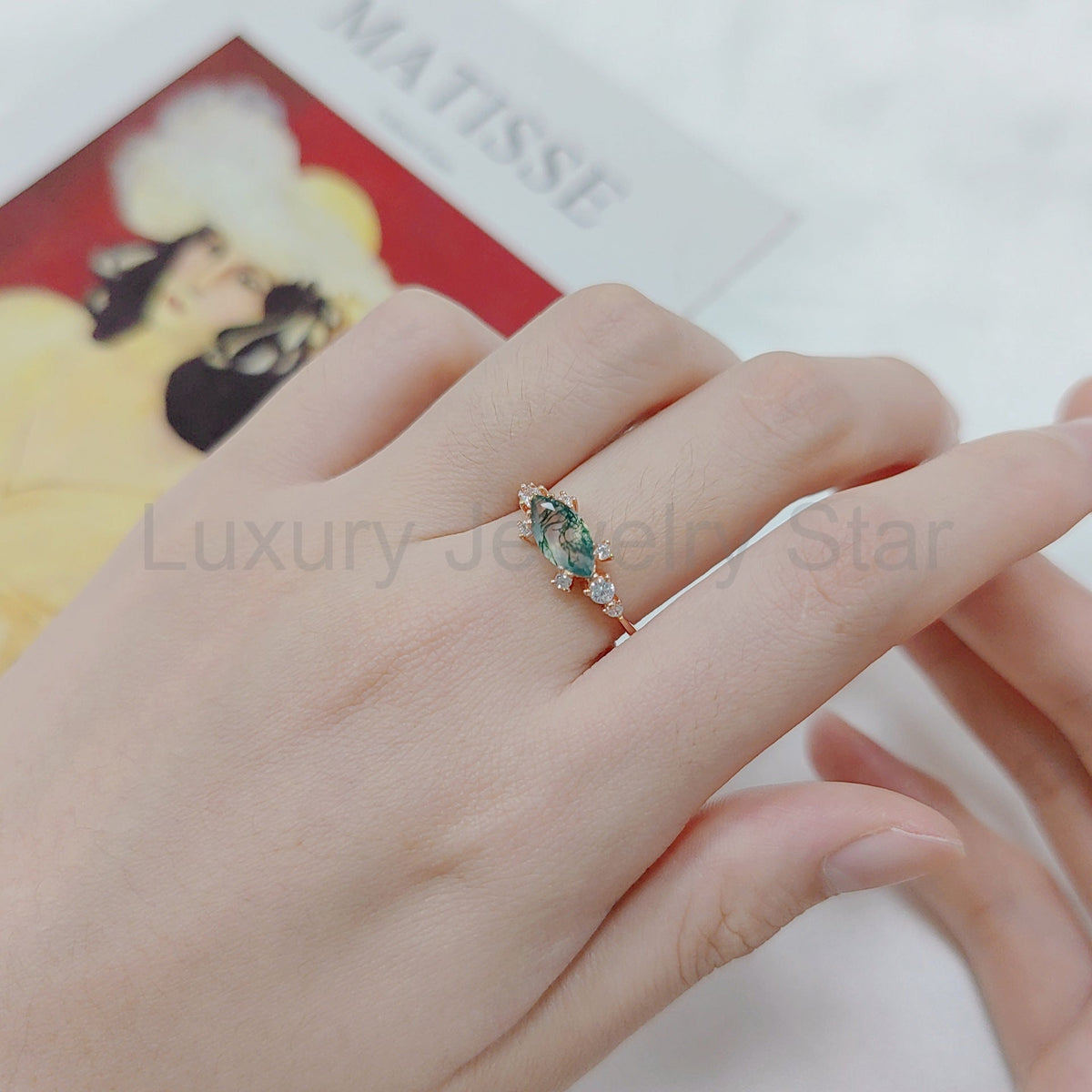 1.5ct Marquise Cut Moss Agate Cluster Vintage Ring - image 2