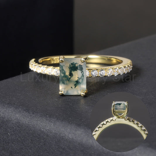Emerald Cut Classic Moss Agate Engagement Ring - image 2