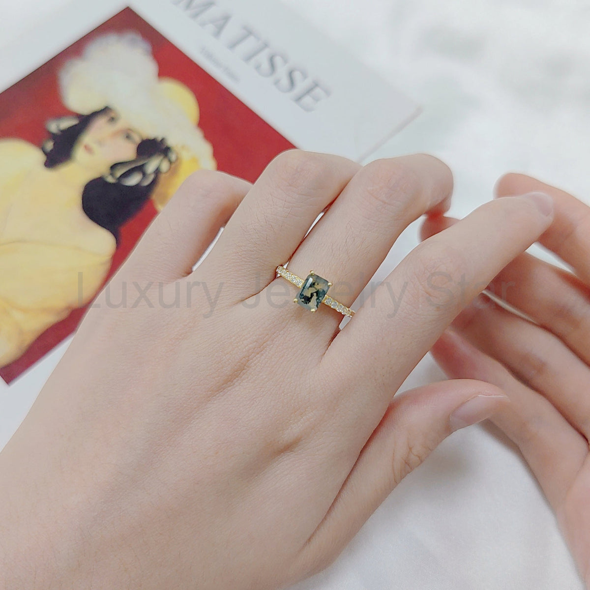 Emerald Cut Classic Moss Agate Engagement Ring - image 3