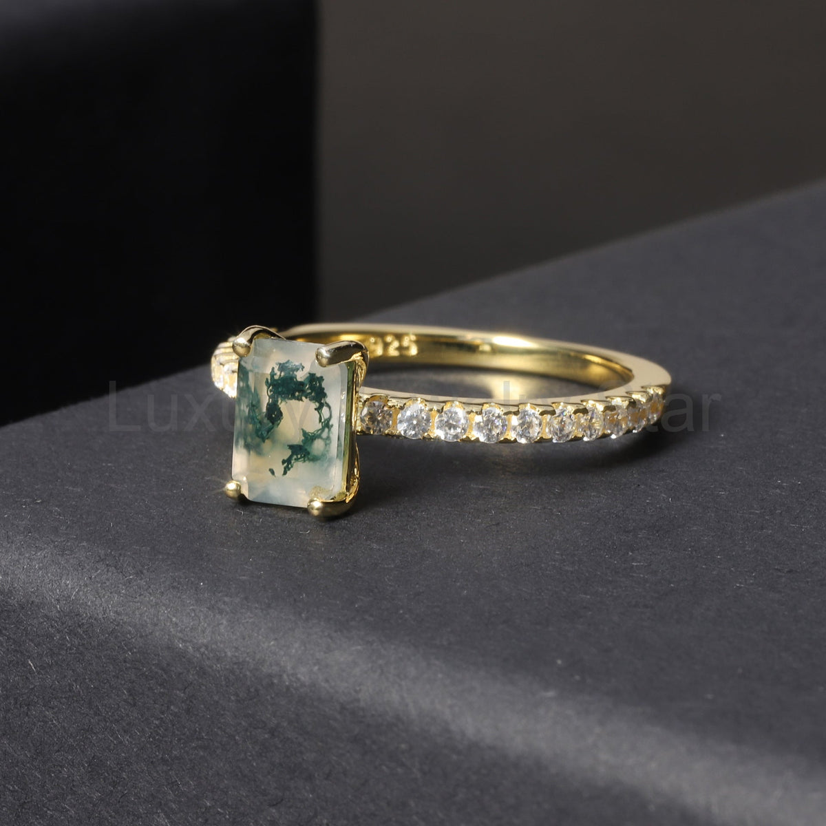 Emerald Cut Classic Moss Agate Engagement Ring - image 4