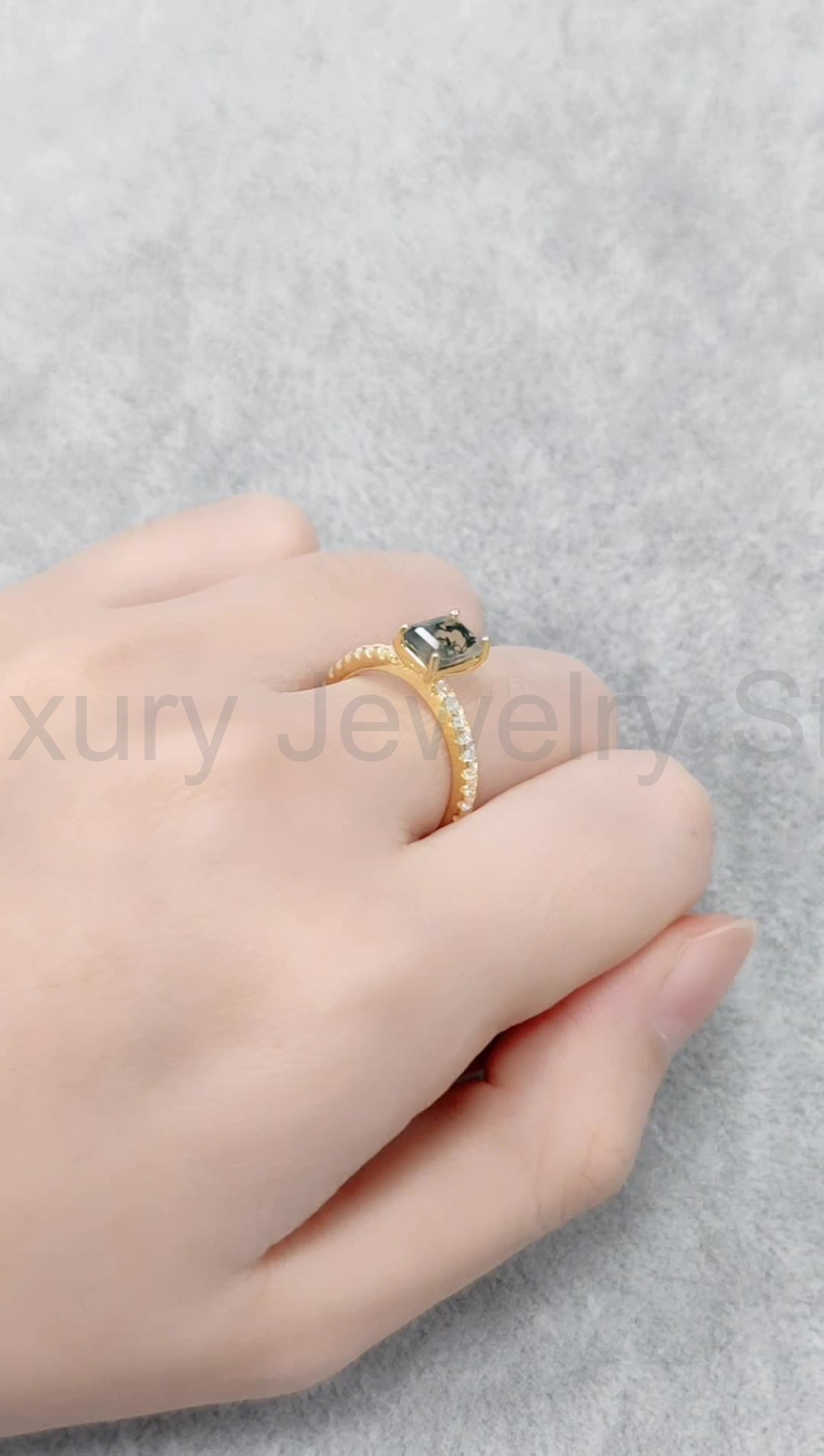 Emerald Cut Classic Moss Agate Engagement Ring - image 5