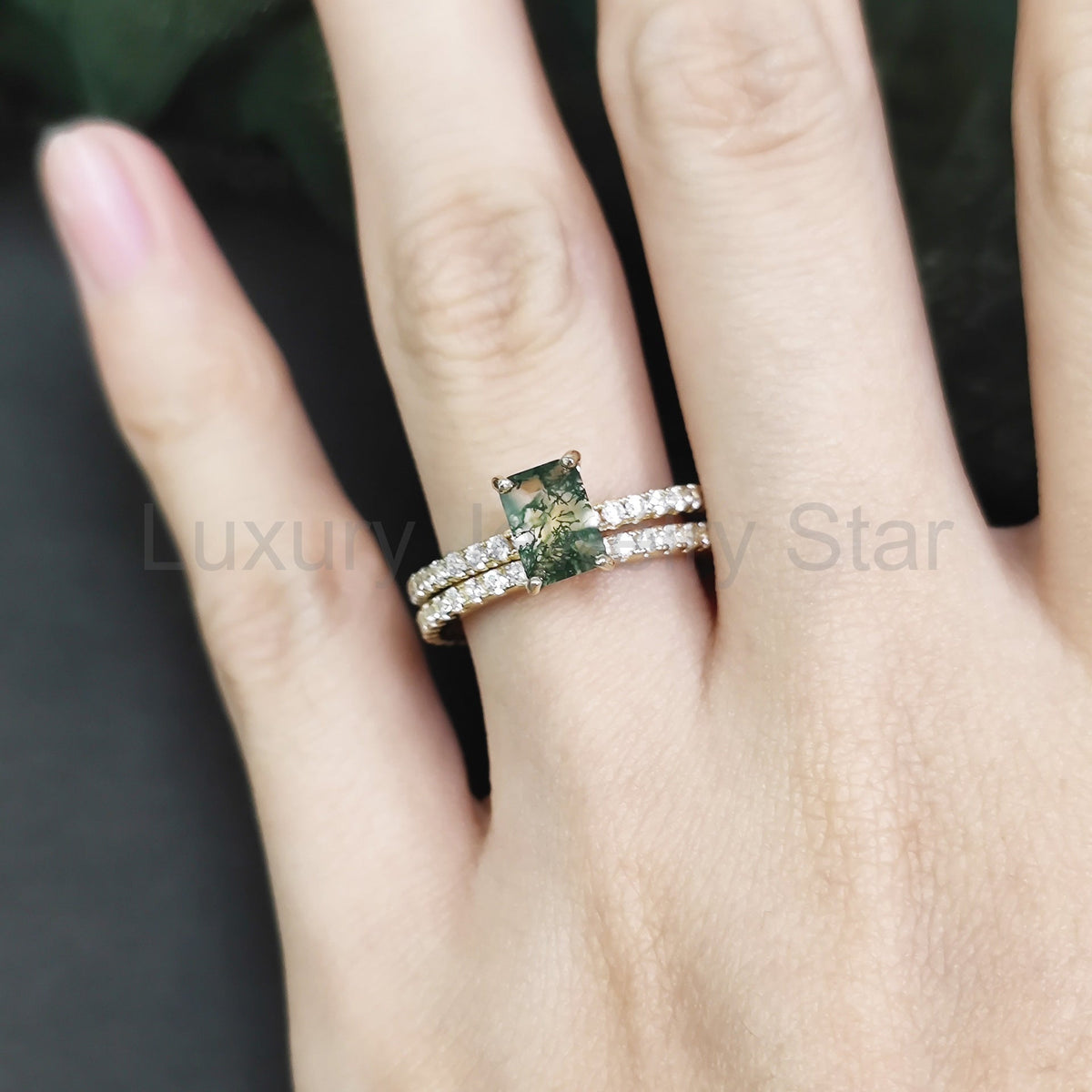 Emerald Cut Moss Agate Classic Engagement Ring Set 2pcs - image 2