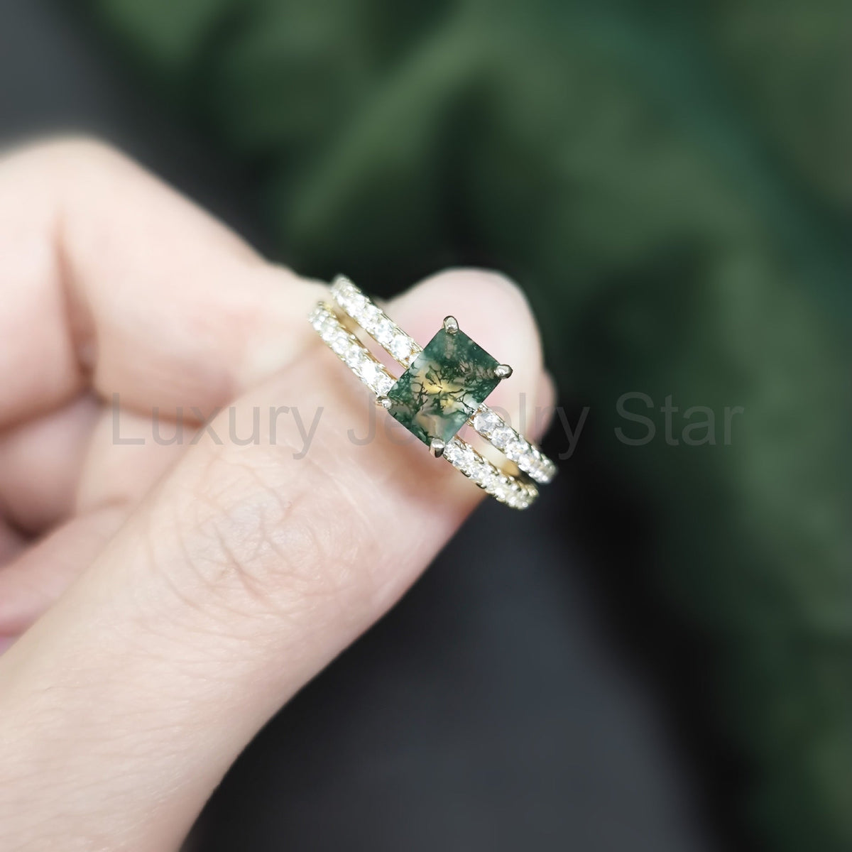 Emerald Cut Moss Agate Classic Engagement Ring Set 2pcs - image 3