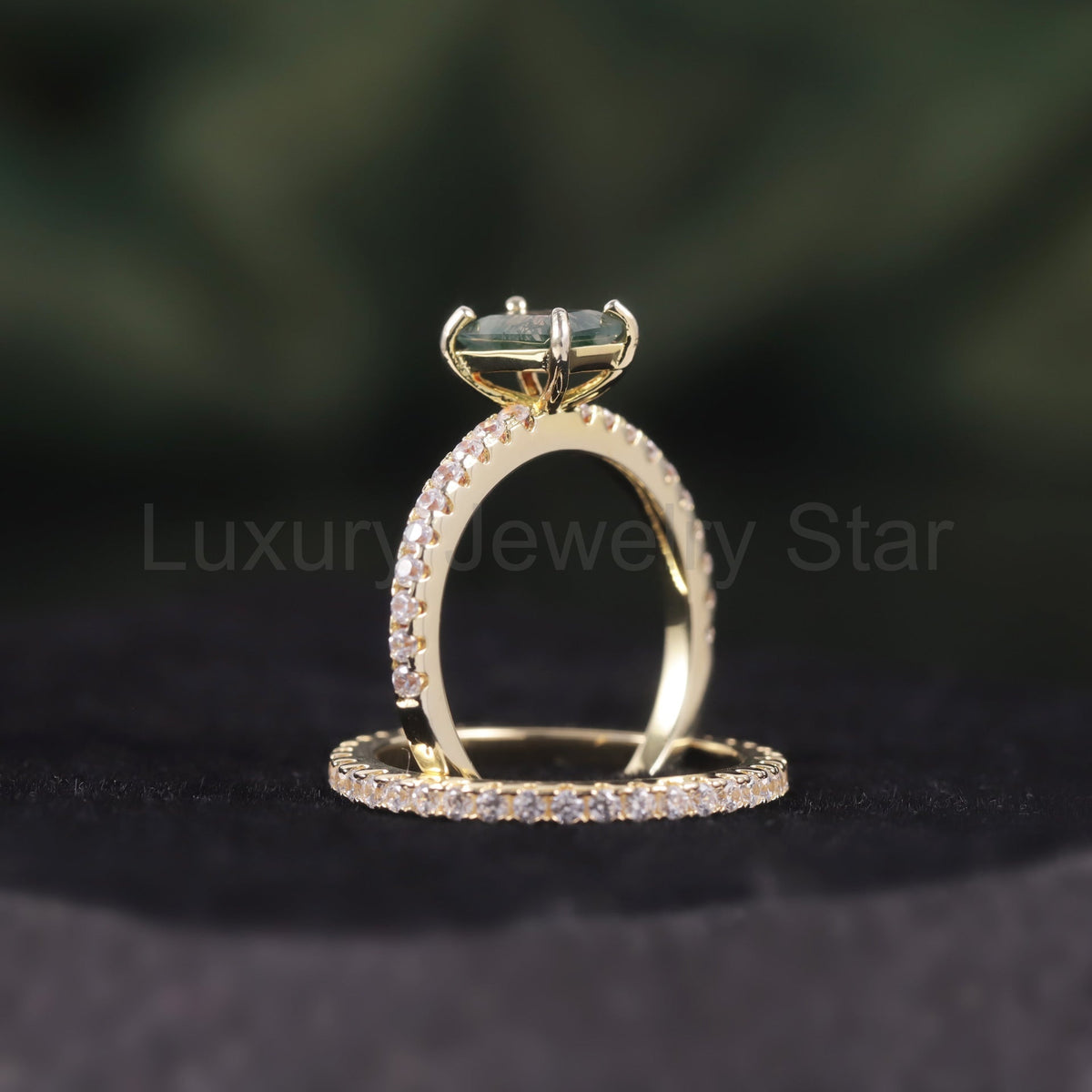 Emerald Cut Moss Agate Classic Engagement Ring Set 2pcs - image 4