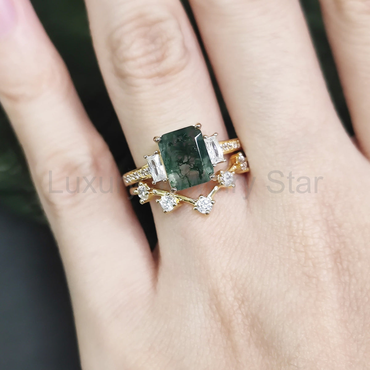 Emerald Cut Moss Agate Three-Stone Vintage Inspire Gold Ring Set 2pcs - image 3