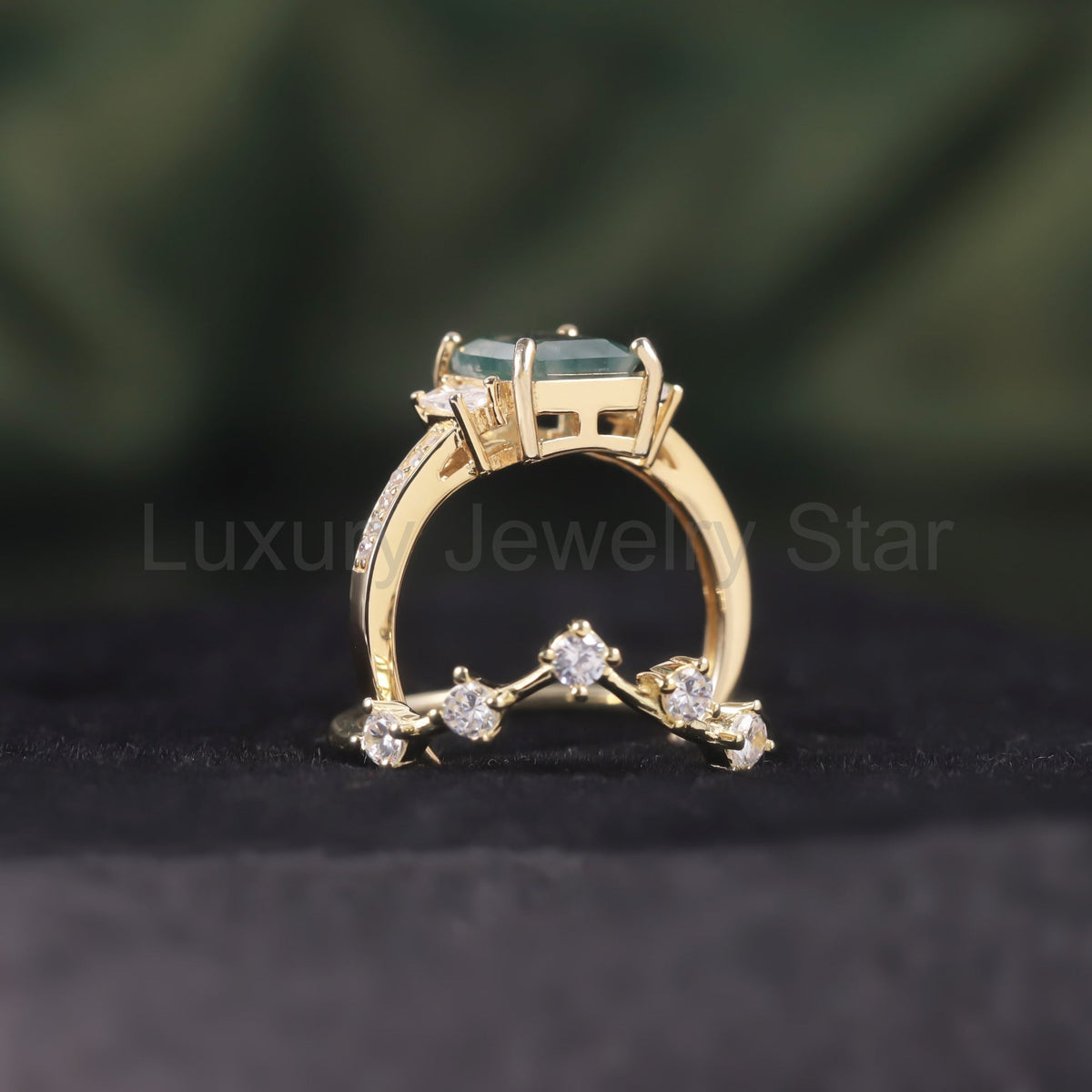 Emerald Cut Moss Agate Three-Stone Vintage Inspire Gold Ring Set 2pcs - image 4