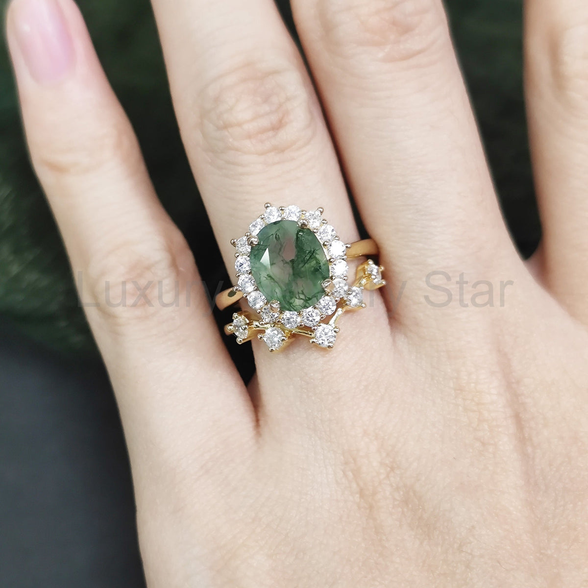 Halo Oval Cut Moss Agate Vintage Engagement Ring Set 2pcs - image 2