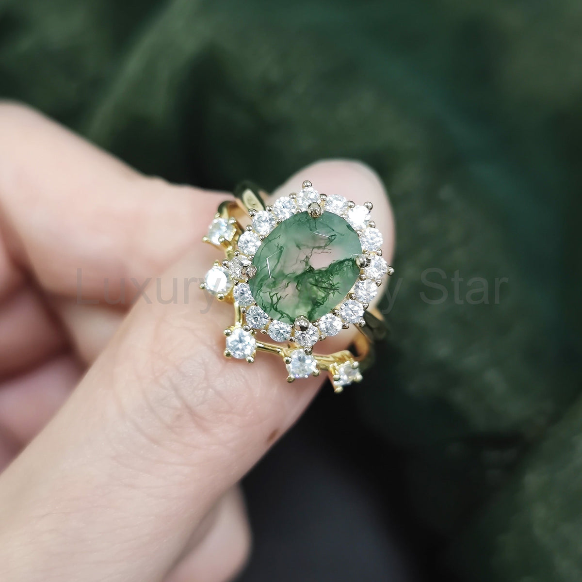 Halo Oval Cut Moss Agate Vintage Engagement Ring Set 2pcs - image 3